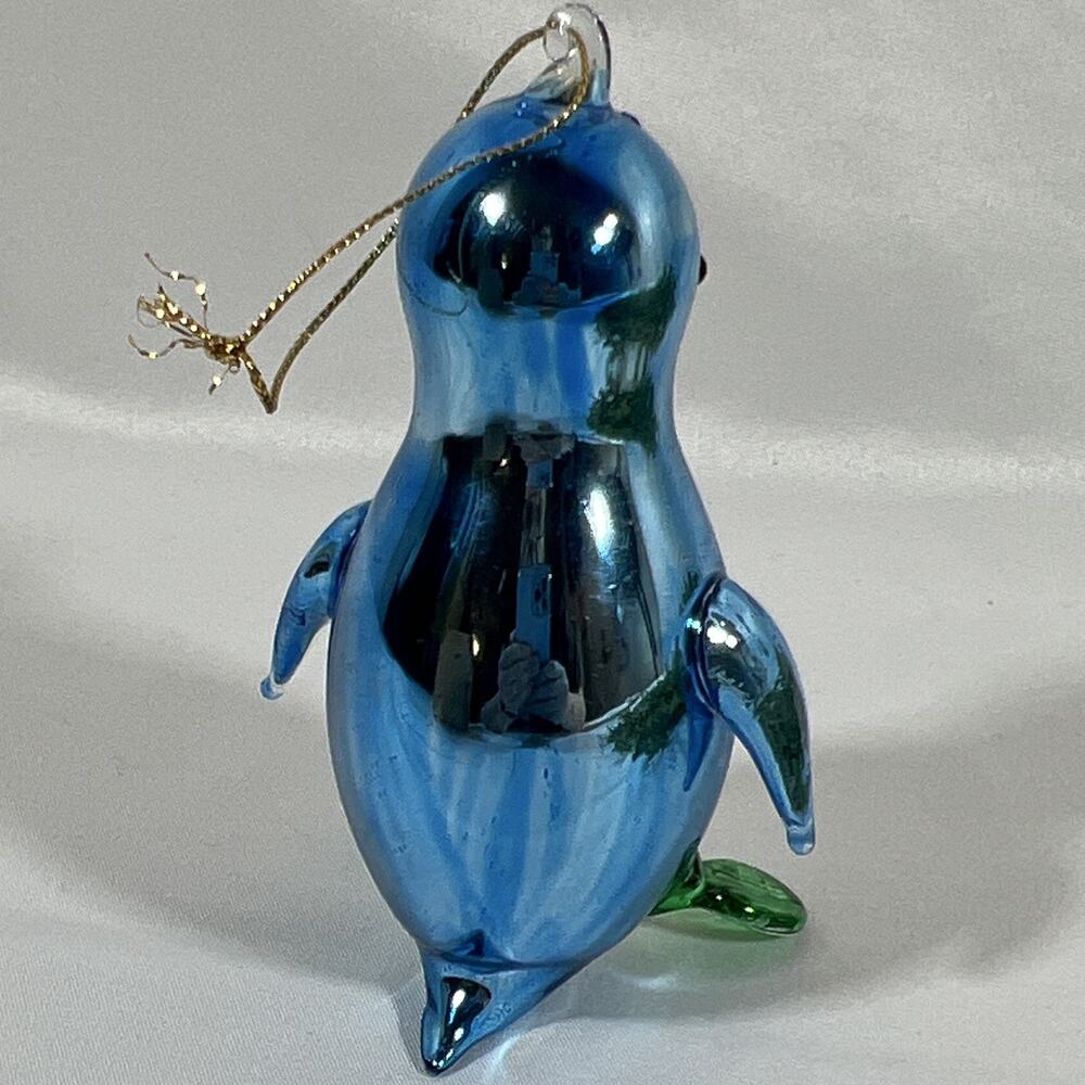 Vintage Hand Blown Art Glass Penguin Figurine Ornament Blue Green Glossy 4.5” - Picture 4 of 9